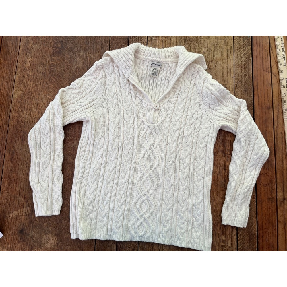 St John's Bay women's cotton cable knit cream pullover sweater M fisherman coast